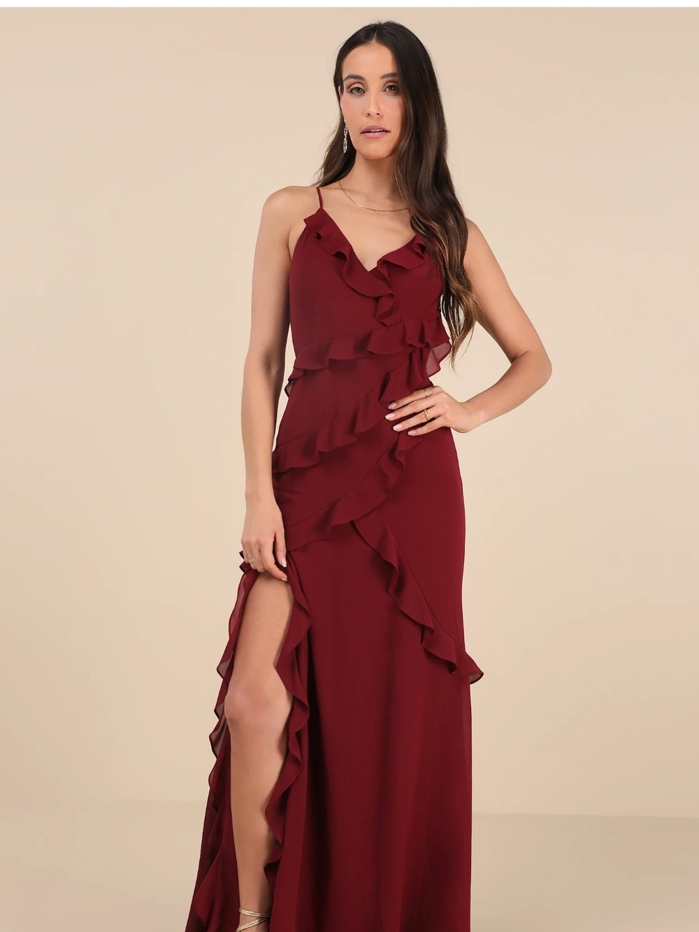 Lulus Fancy Sweetness Wine Red Ruffled Lace-Up Sleeveless Maxi Dress